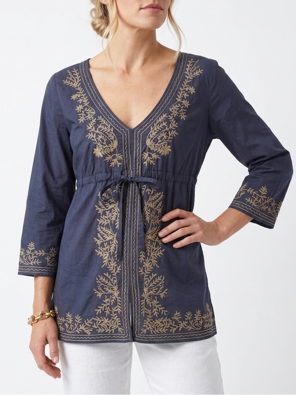 Monroe & Main Embroidered Tunic Statement Top V-neck Empire Waist Tie Blue M